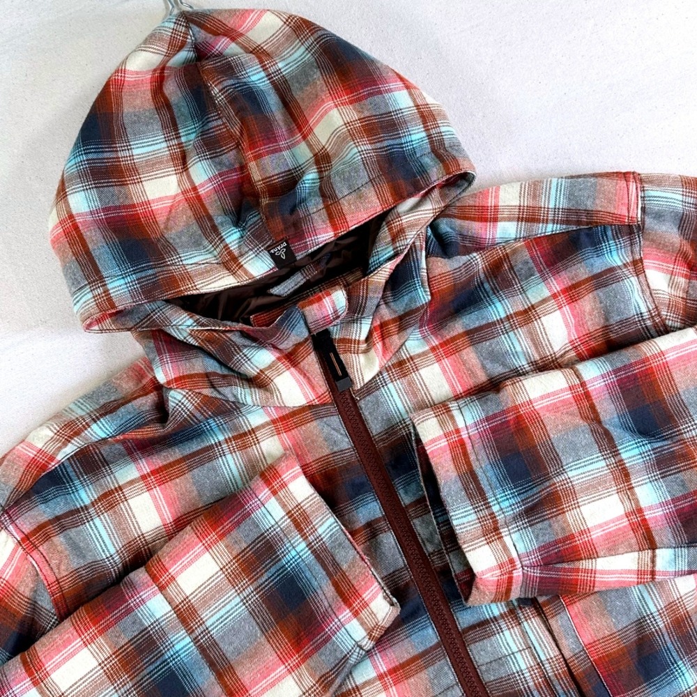 Prana Breathe Mens XL Insulated Plaid Hooded Jacket Red Blue Brown Full Zip